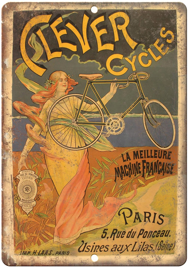 Clever Cycles Paris Vintage Bicycle Ad Metal Sign
