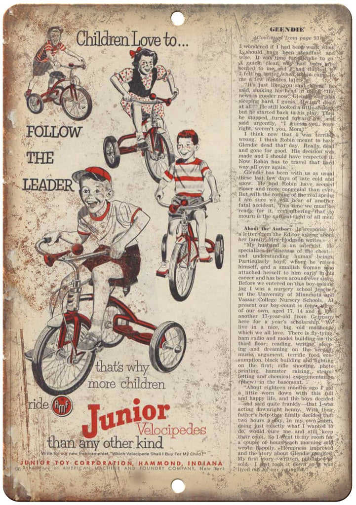 AMF Junior Velocipedes Tricycle Bike Metal Sign
