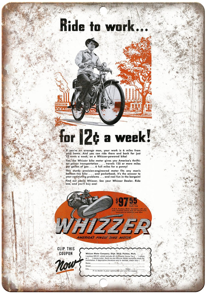 Whizzer Bicycle Motor Vintage Ad Metal Sign