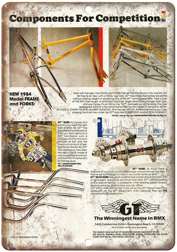 1984 GT BMX Bars Frames Forks Hubs Metal Sign