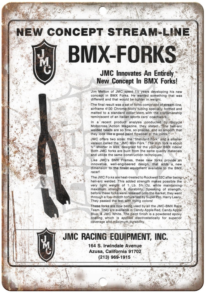 JMC BMX Racing Equipment Forks Ad Metal Sign