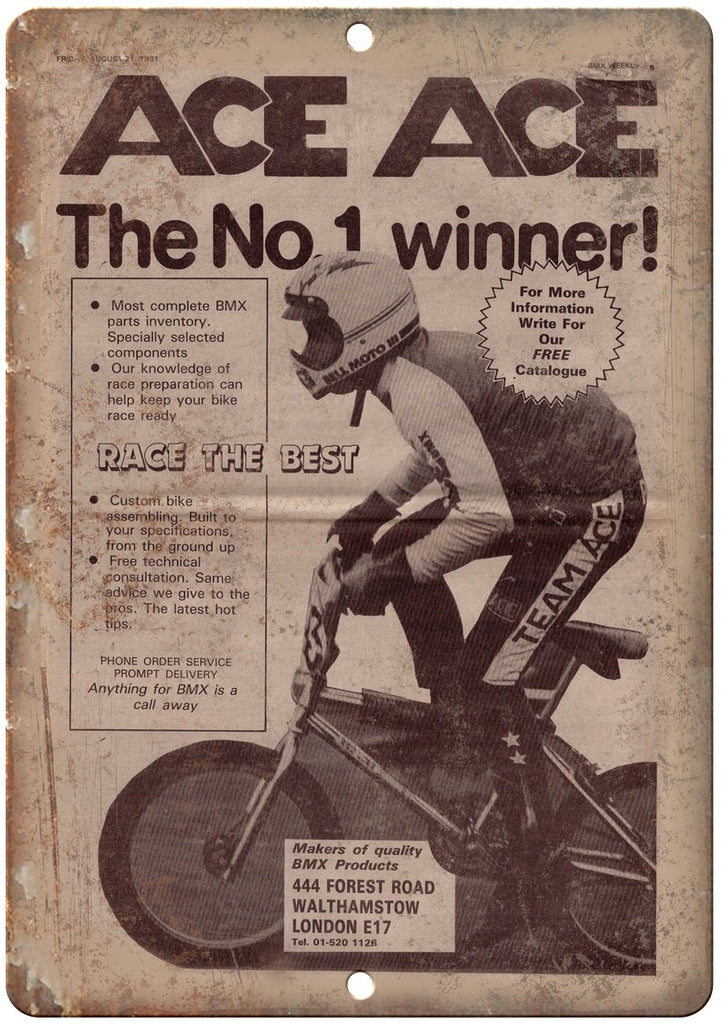 1981 ACE BMX Vintage Racing Bicycle Ad Metal Sign