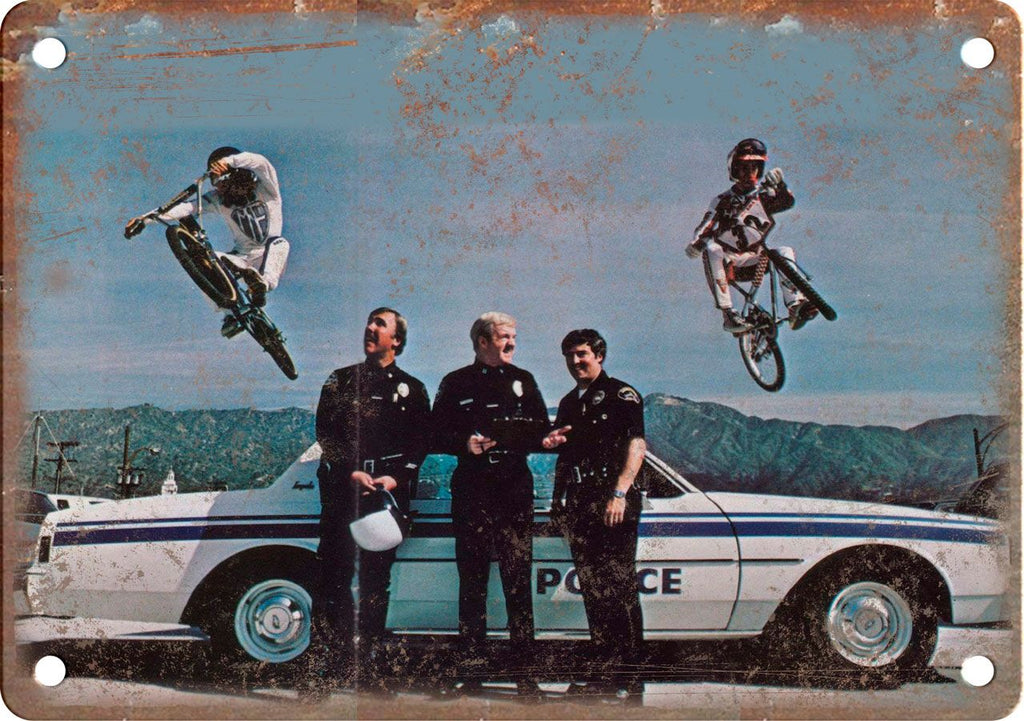 BMX Police Car Jump. Bicycle Motocross Ad Metal Sign