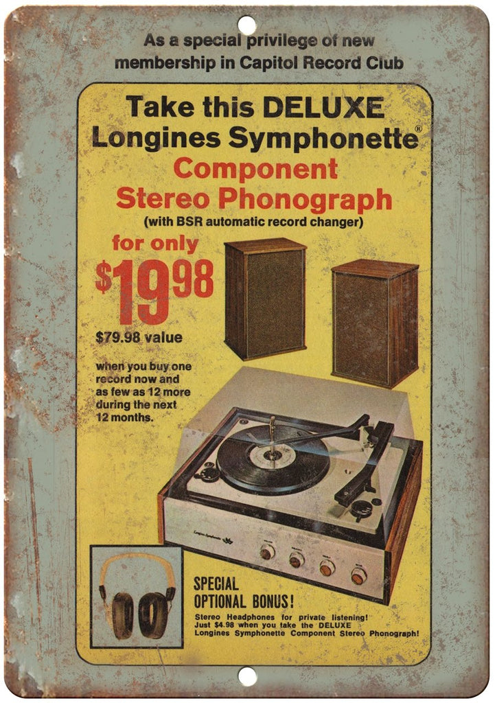 Logines Symphonette Stereo Phonograph Ad Metal Sign