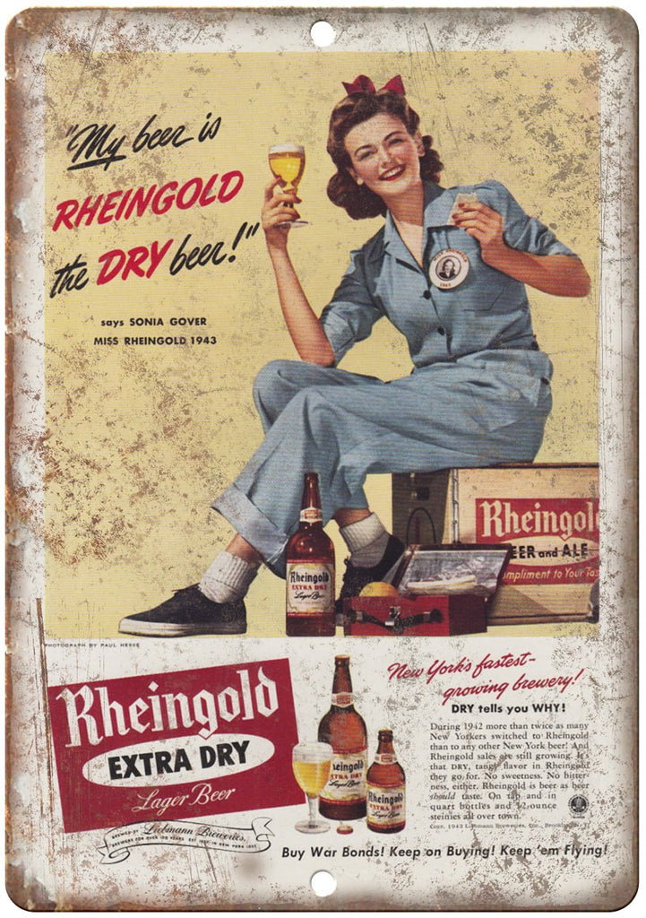 1943 Sonia Gover Rheingold Beer Ad Metal Sign