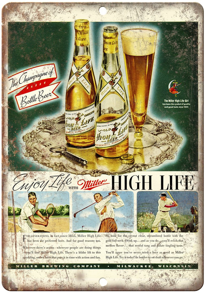 Miller High Life Vintage Beer Bottle Ad Metal Sign