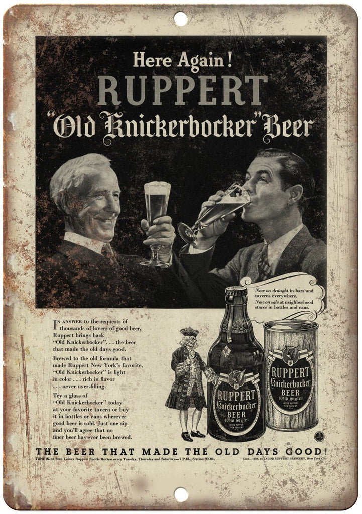 Ruppert Old Knickerbocker Beer Metal Sign