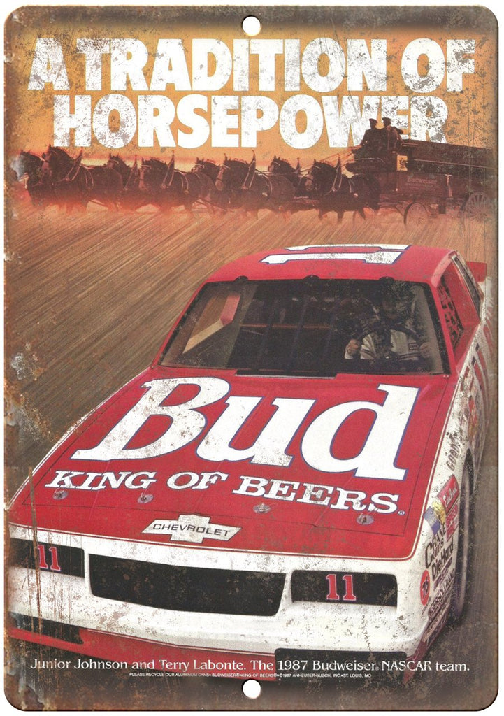 1987 Budweiser Racecar Ad Metal Sign