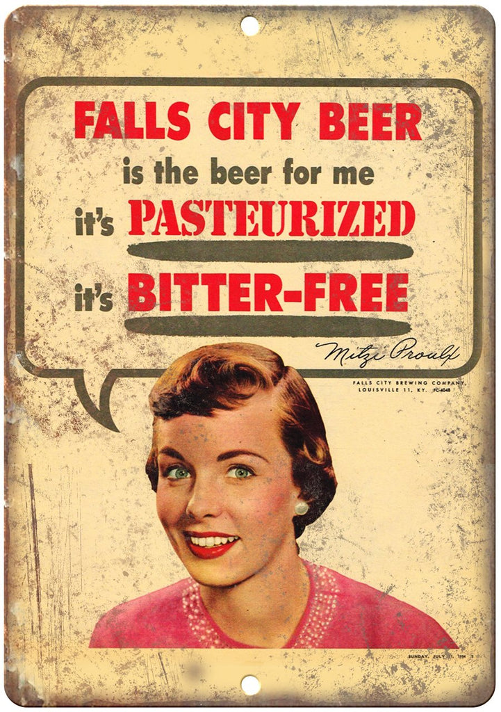 Falls City Beer Mitzi Proulx Breweriana Metal Sign