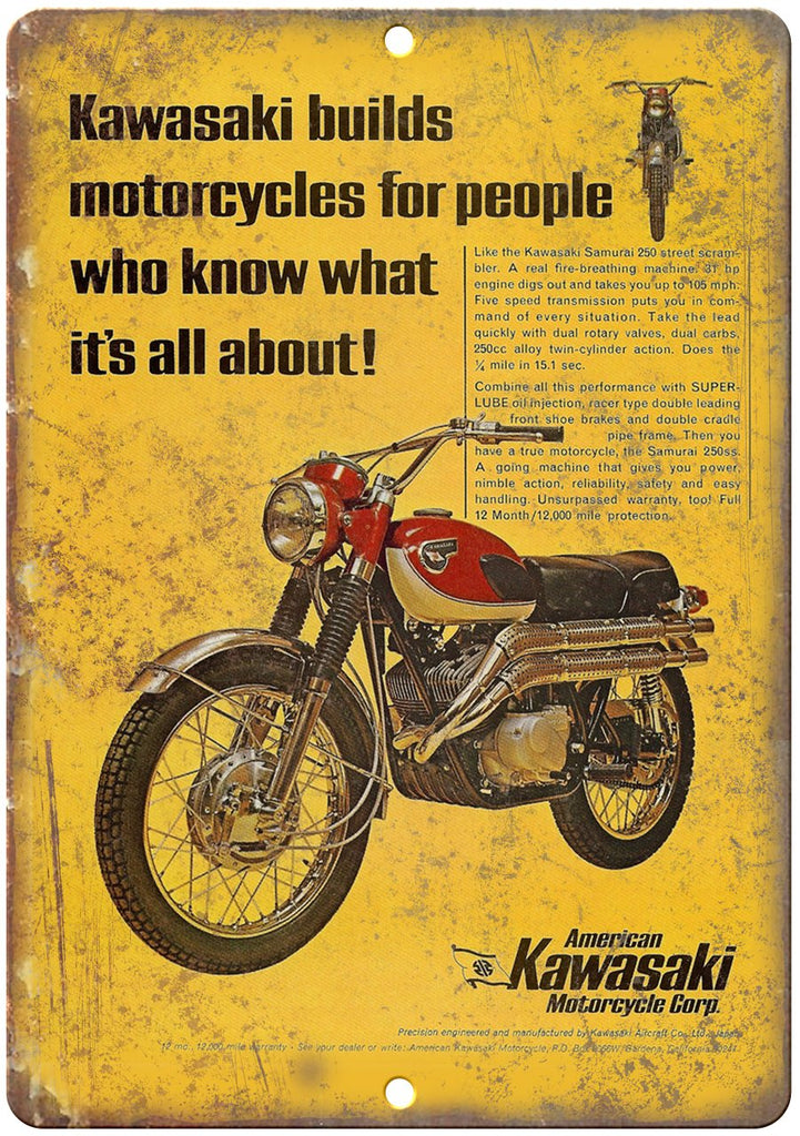 Kawasaki Motorcycle Vintage Ad Metal Sign