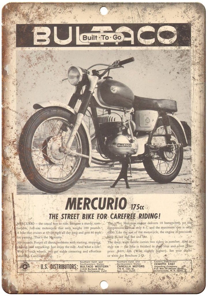 Mercurio 175CC Motorcycle Vintage Ad Metal Sign