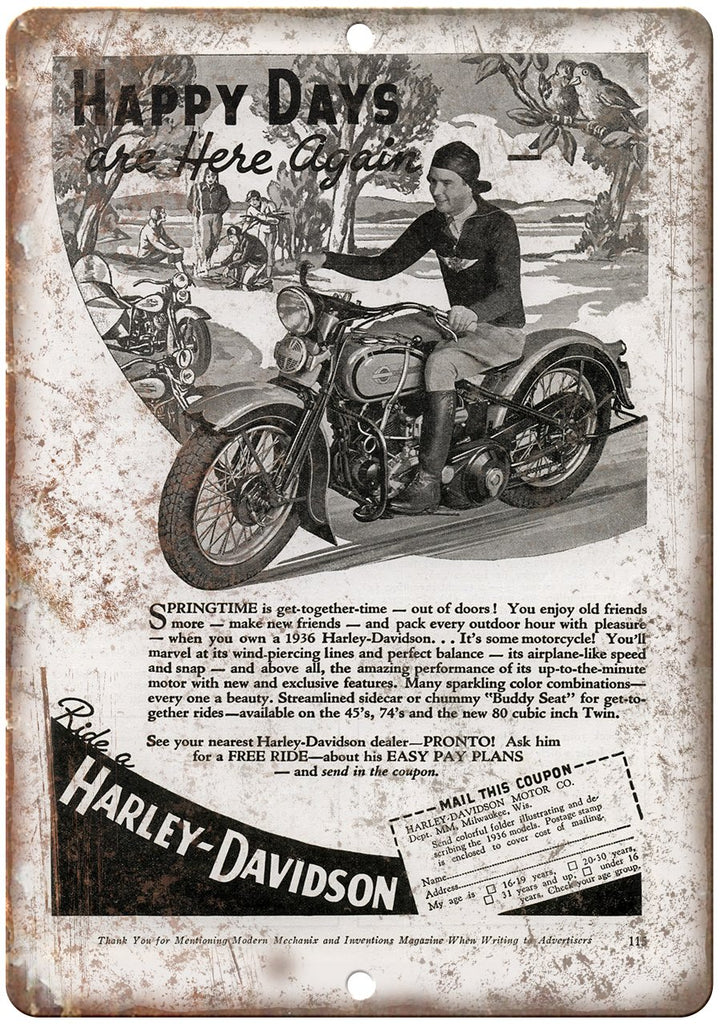 Harley Davidson  Modern Mechanic Magazine Metal Sign
