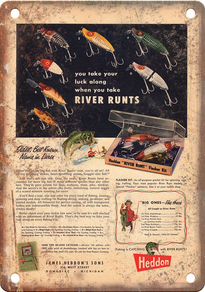 Vintage Heddon Fishing Advertisment Reproduction Metal Sign Vintage Heddon Fishing Advertisment Reproduction Metal Sign