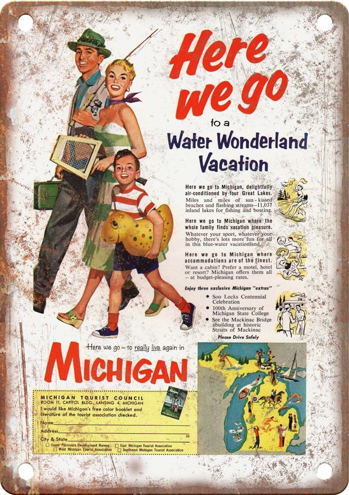 Vintage Michigan Fishing Advertisment Reproduction Metal Sign