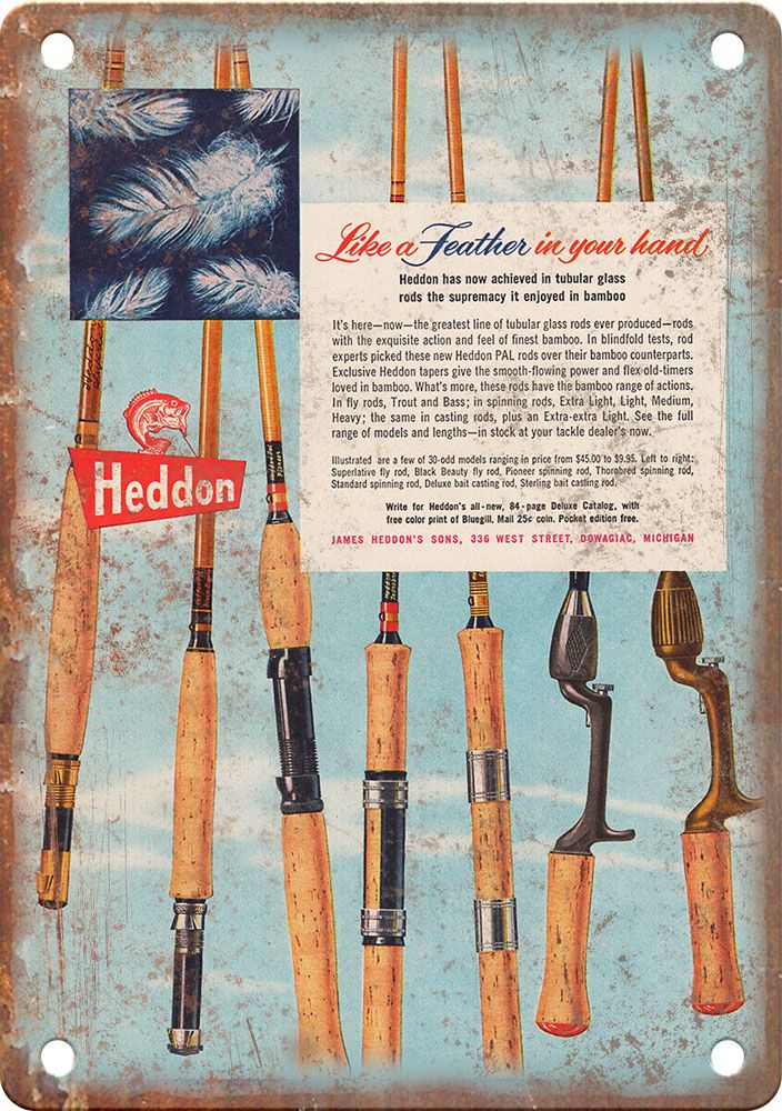 collectable fishing poles Vintage Heddon Fishing Rod Ad Reproduction Metal Sign