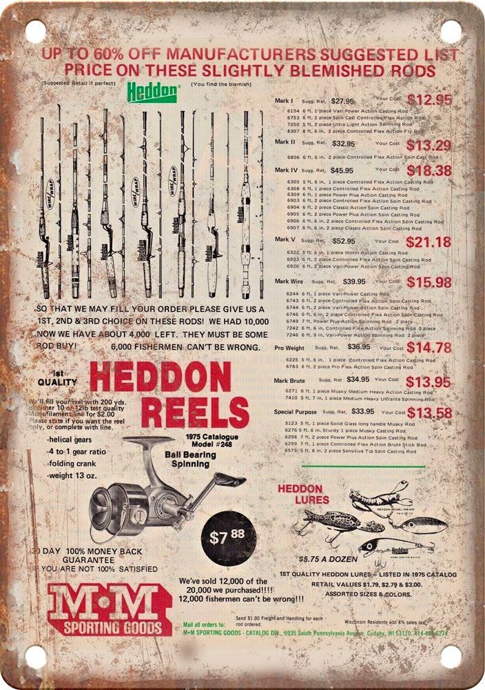 Vintage Heddon Fishing Reel Ad Reproduction Metal Sign