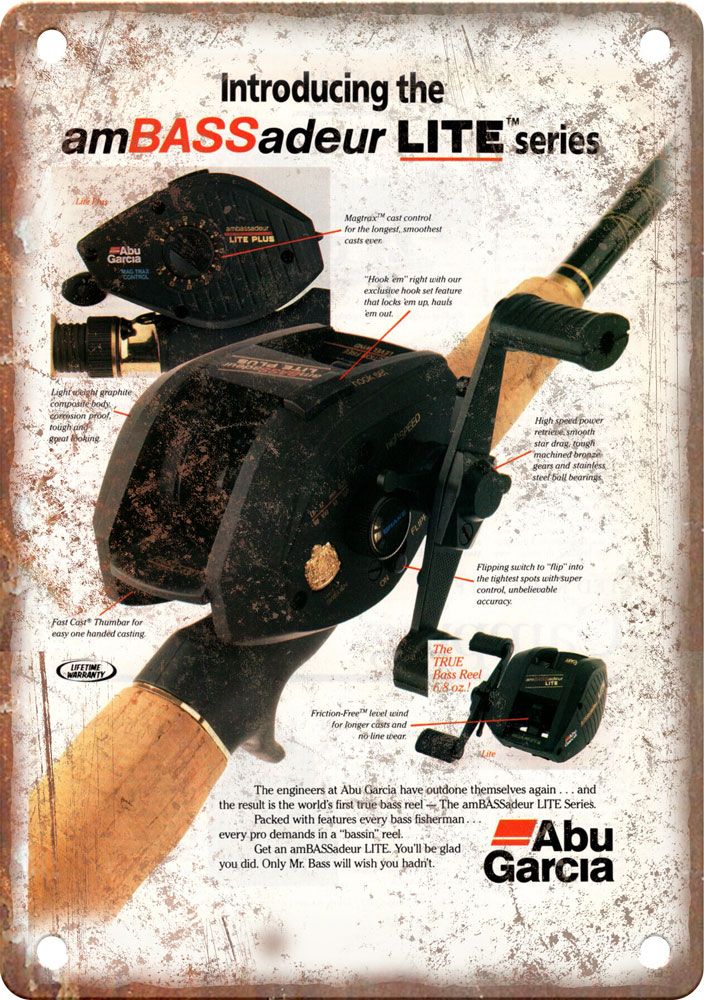abu garcia baitcaster vintage Vintage Abu Garcia Fishing Reel Ad Reproduction Metal Sign