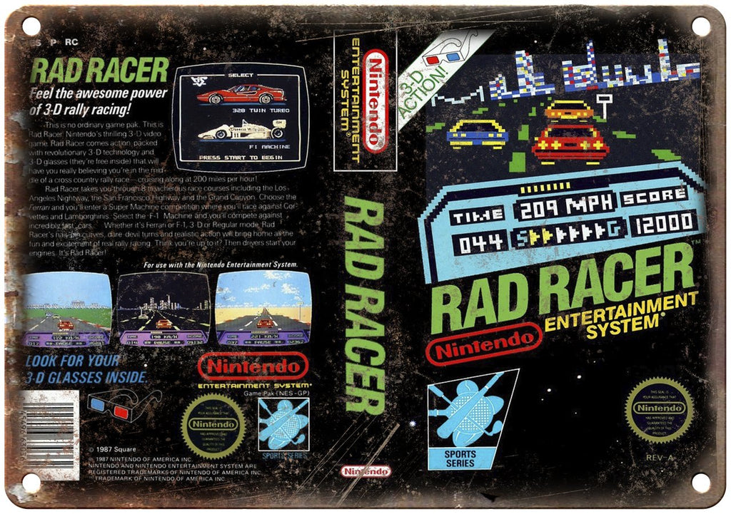Nintendo Rad Racer Video Game Box Art Metal Sign