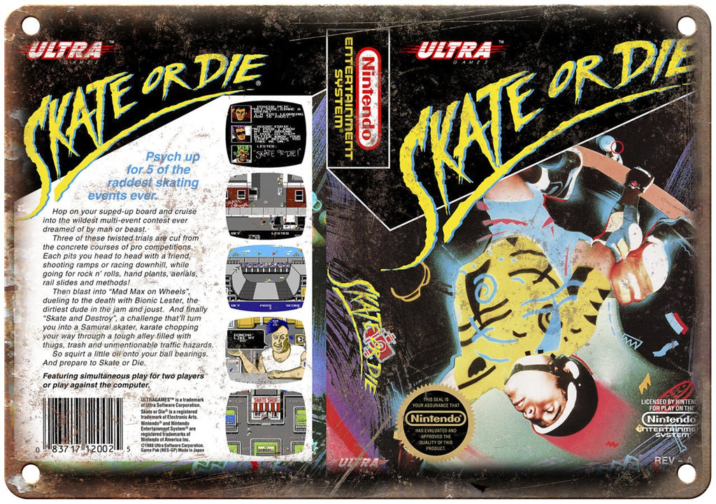 Nintendo Skate or Die Video Game Box Art Metal Sign
