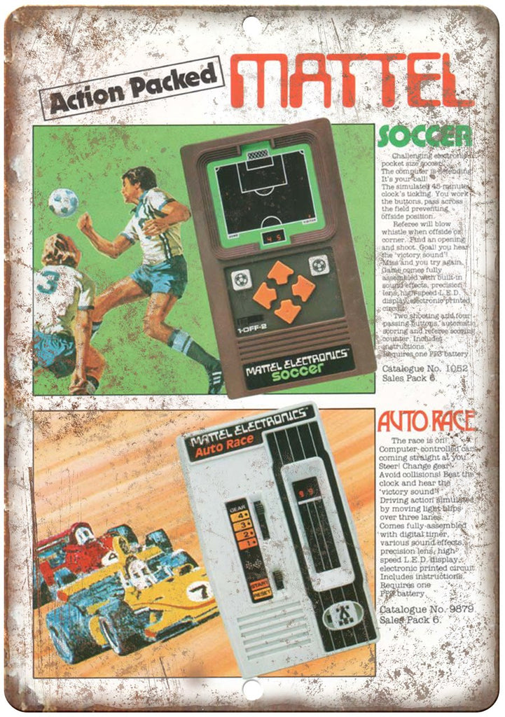 Mattel Hand Held Video Game Auto Race Soccer Ad Metal Sign