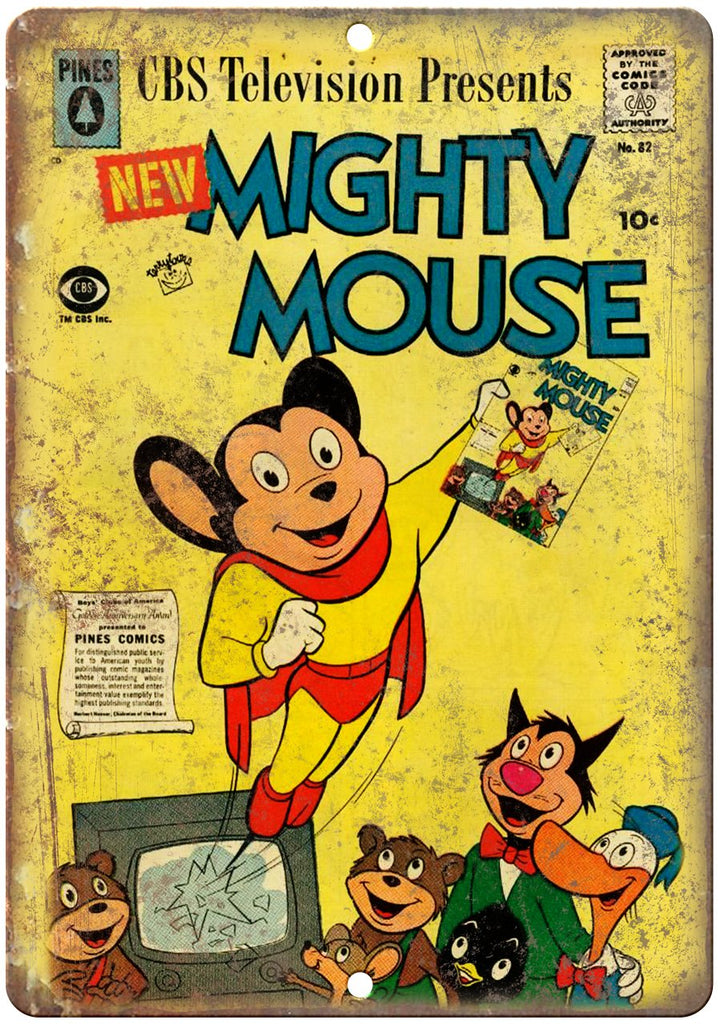Pines Comics Mighty Mouse CBS Cartoon Ad Metal Sign