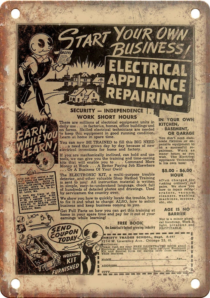 Retro Comic Book Appliance Repair Ad Metal Sign