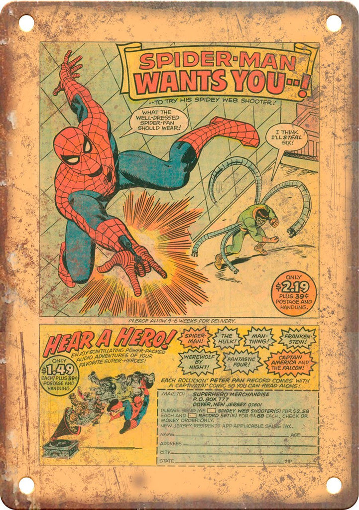 Vintage Comic Book Action Hero Ad Metal Sign