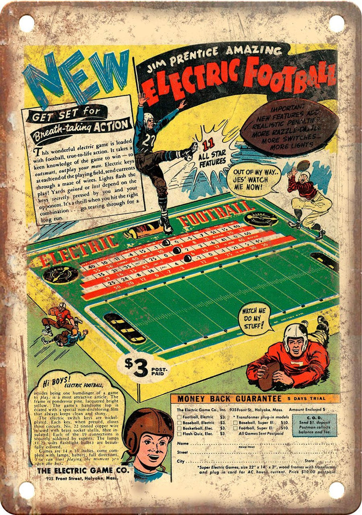 Electronic Football Game Comic Book Ad Metal Sign