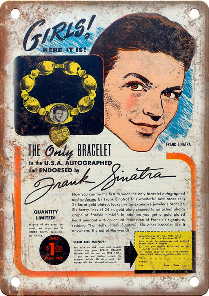 Sinatra Gold Bracelet Comic Book Ad Metal Sign