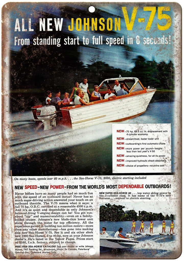 Johnson V-75 Vintage Boat Ad Metal Sign