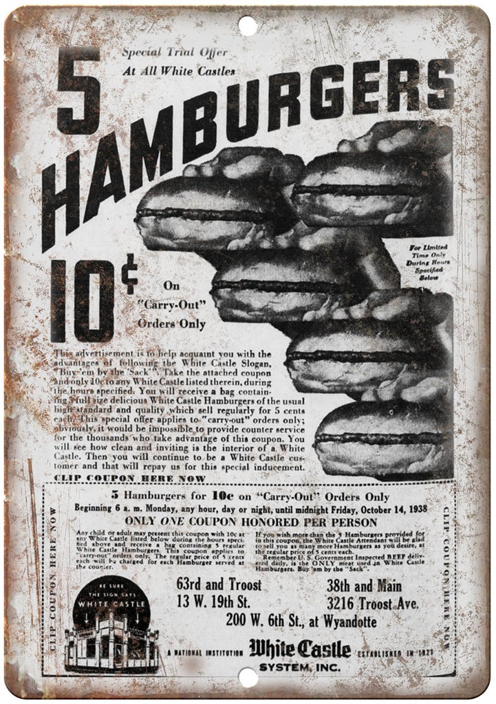White Castle Hamburgers Metal Sign