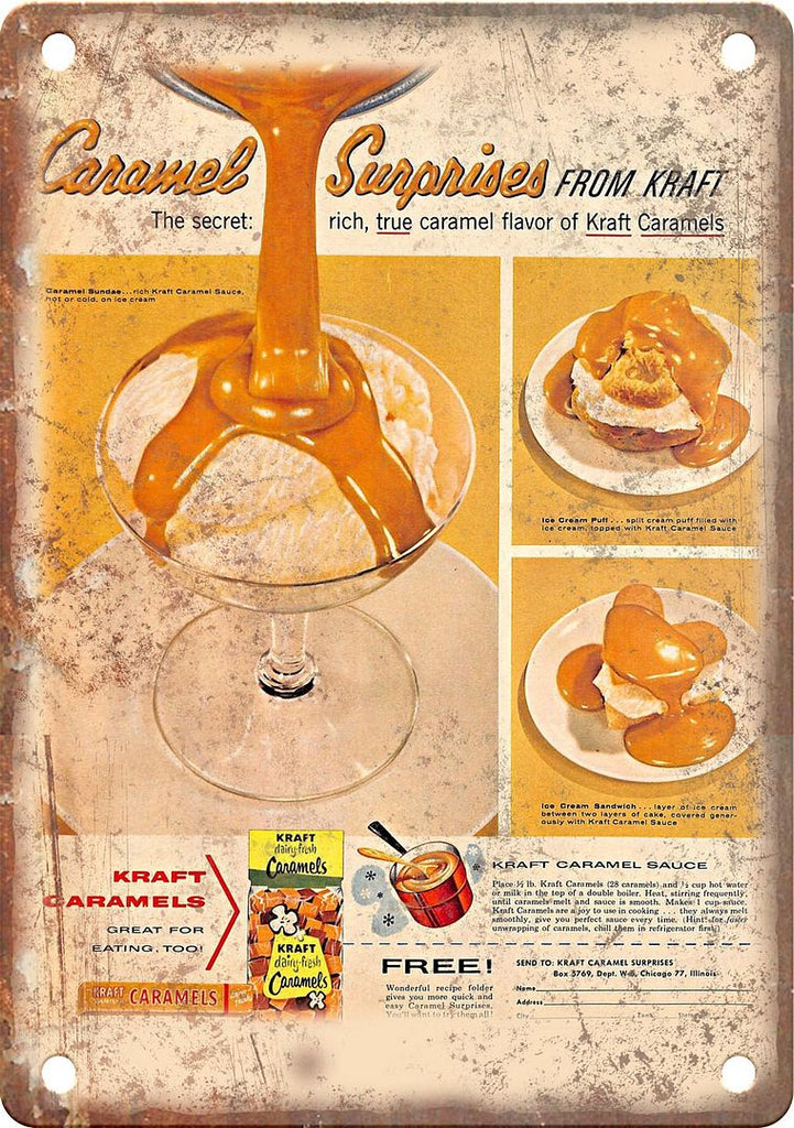 Carmel Suprises Vintage Kraft Ice Cream Ad Metal Sign