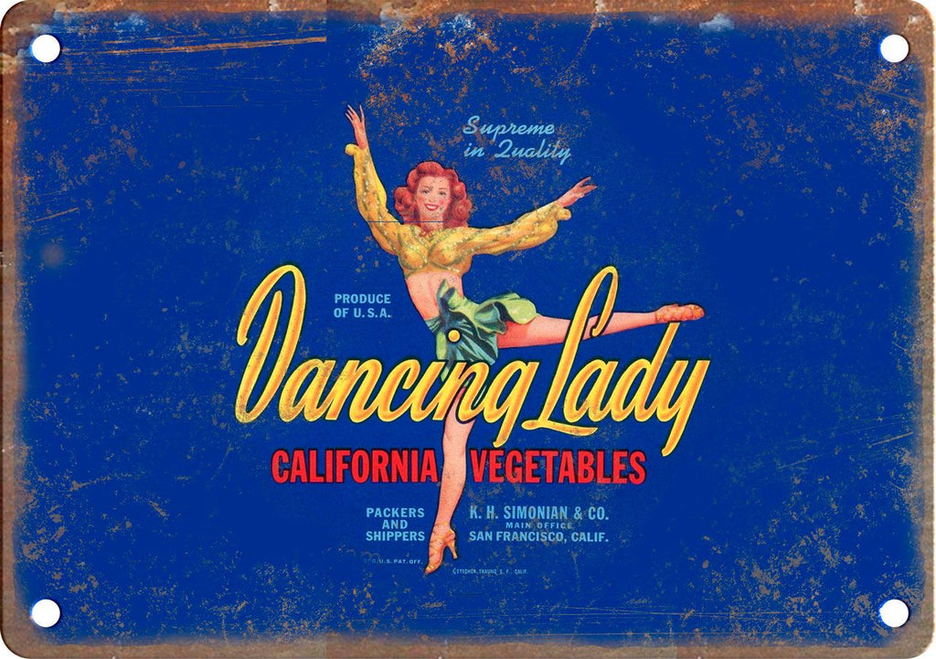 Dancing Lady California Vegetables Metal Sign