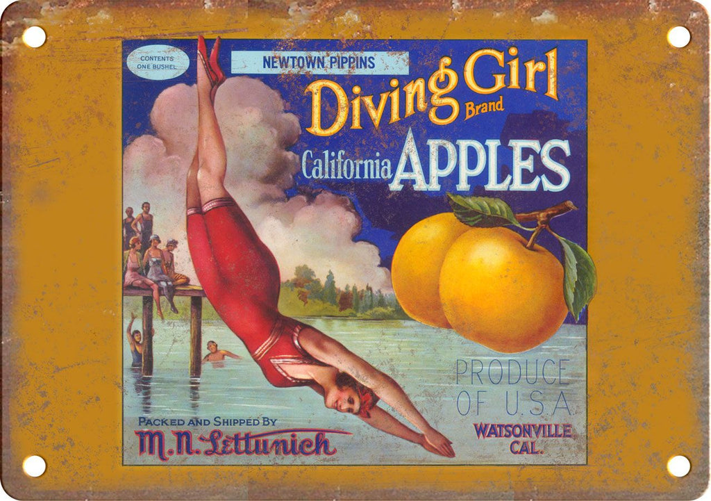 Diving Girl Brand California Apples Metal Sign