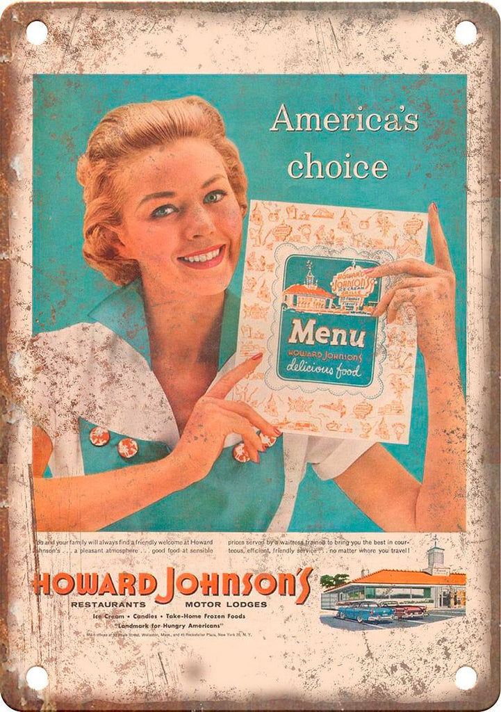 Howard Johnson's Vintage Food Menu Ad Metal Sign