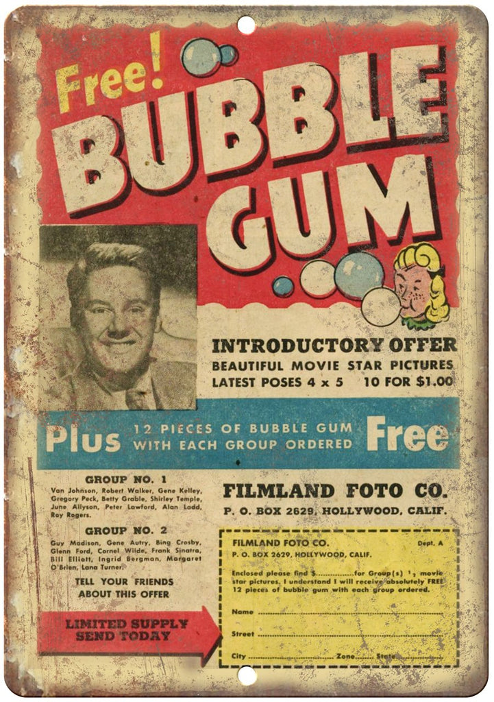 Filmland Foto Co. Bubble Gum Comic Ad Metal Sign