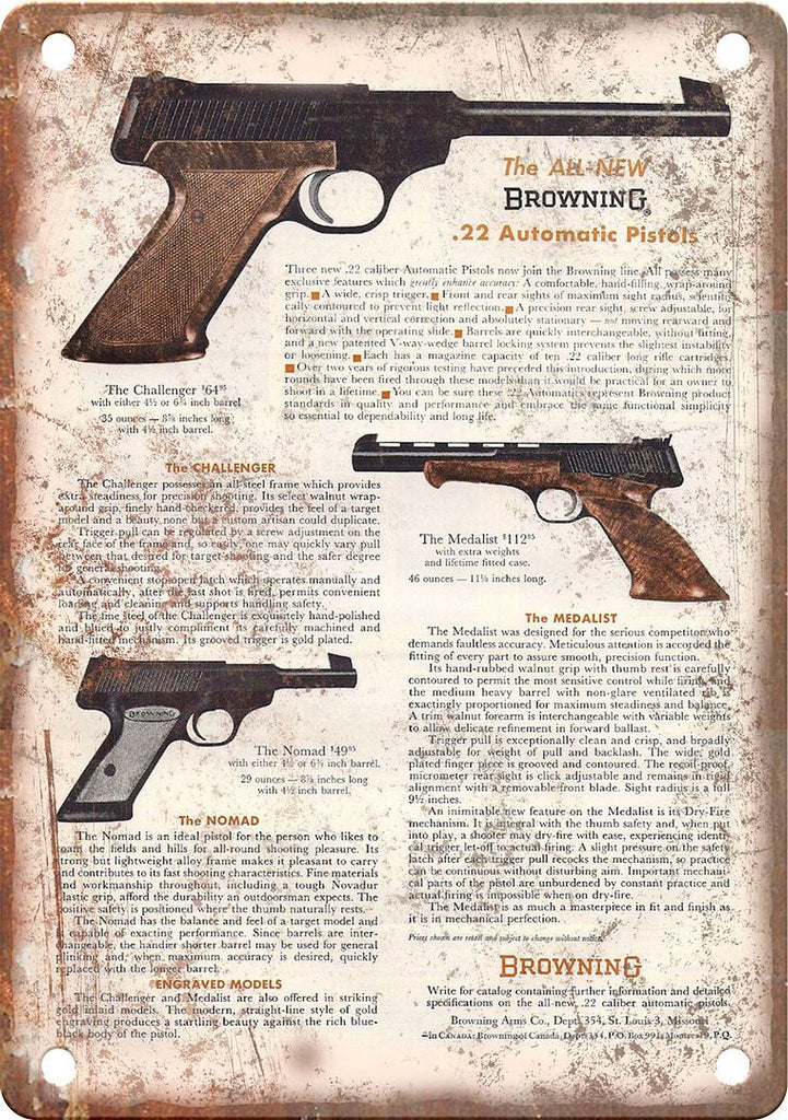 Browning .22 Automatic Pistol Vintage Ad Metal Sign