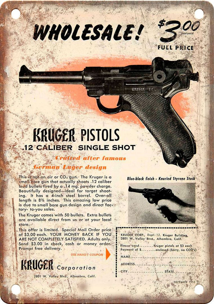 Kruger Piston Vintage Gun Ad Metal Sign