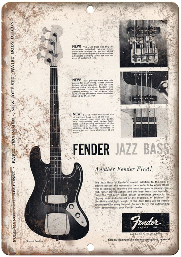 Fender Guitear Jazz Bass Ad Off Set Design Ad Metal Sign