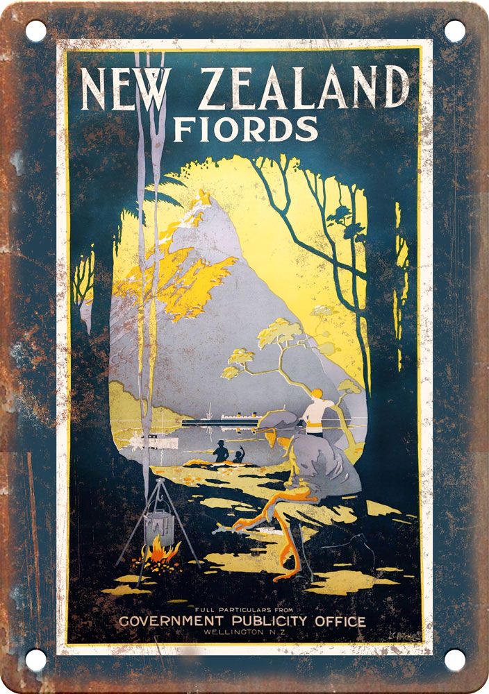 New Zeland Fiords Vintage Travel Poster Reproduction Metal Sign