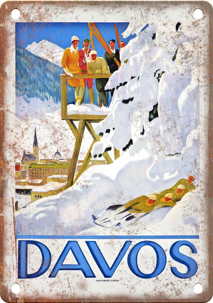 Vintage Davos Swiss Alps Travel Poster Reproduction Metal Sign T369