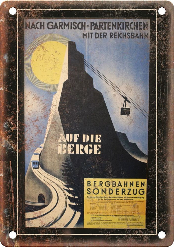 Vintage Auf Die Berge Travel Poster Reproduction Metal Sign T450