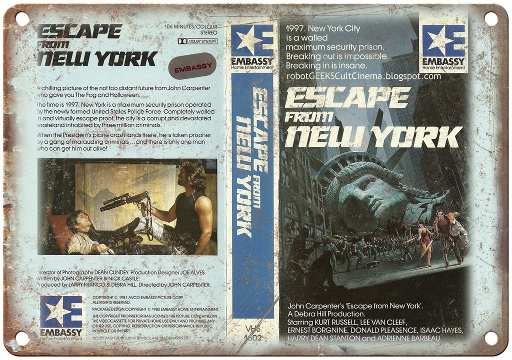 Escape From New York Embassy Home Video Metal Sign