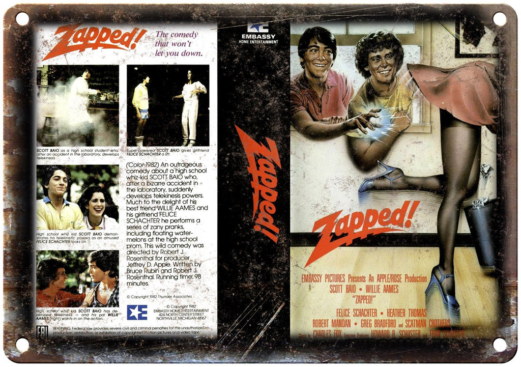Embassy Home Video Zapped! VHS Cover Art Metal Sign