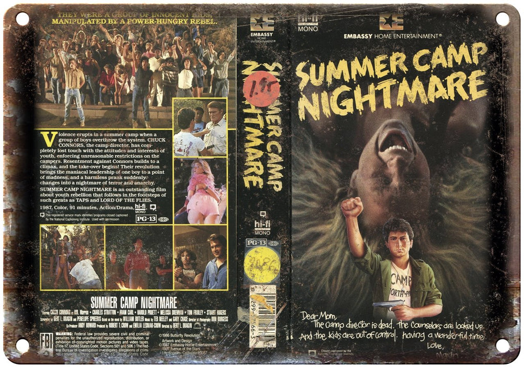 Embassy Home Ent Summer Camp Nightmare VHS Metal Sign