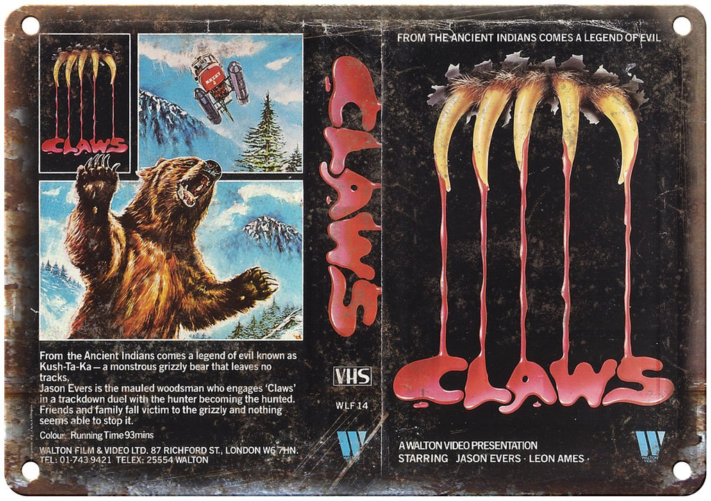 Claws A. Walton Video VHS Cover Art Metal Sign