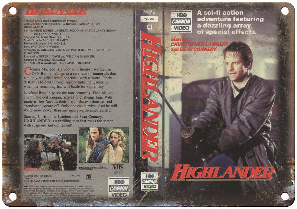Highlander HBO VHS Cannon Video Box Art Metal Sign