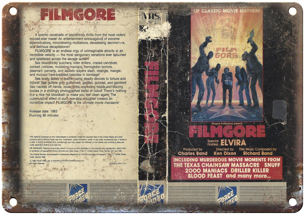 Filmgore Elvira Force Video VHS Box Art Metal Sign