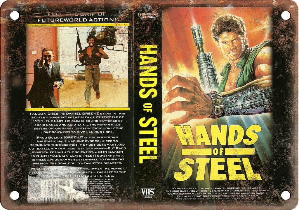 Hands of Steele Vintage VHS Cover Art Metal Sign