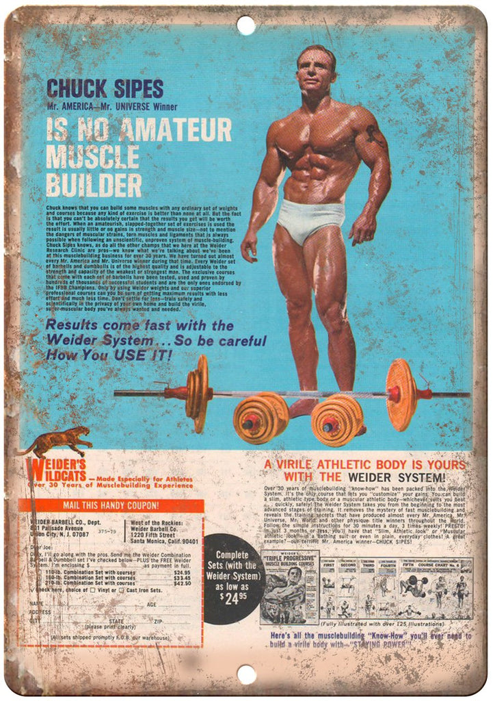 Chuck Sipes Weider Weights Bodybuilding Ad Metal Sign
